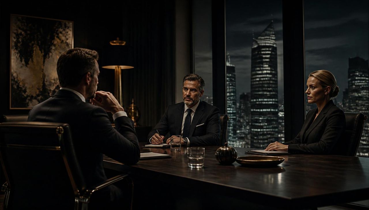 Executivos reunidos em sala de conselho com vista para a cidade ao anoitecer
